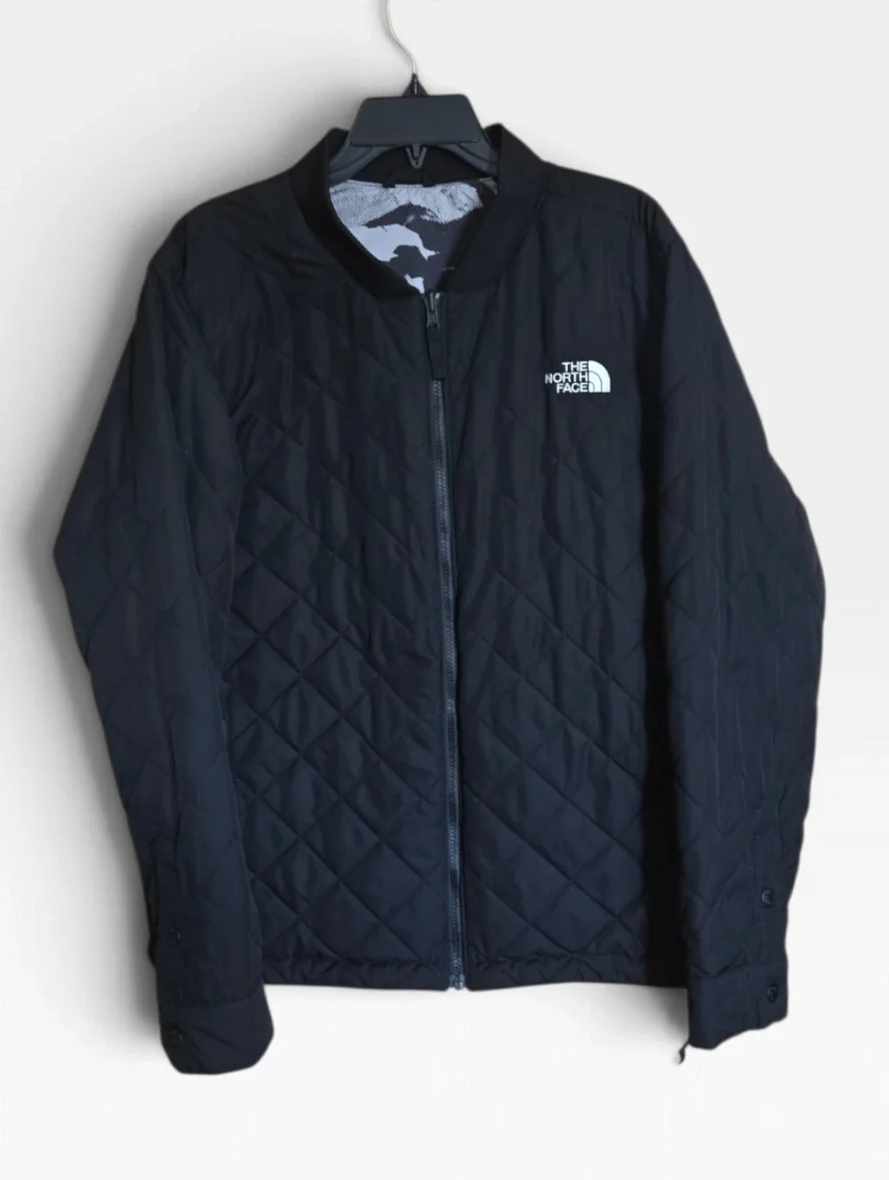 The North Face Jester Jacket Reversible Mens L Bomber Camo Black Gray Quilted